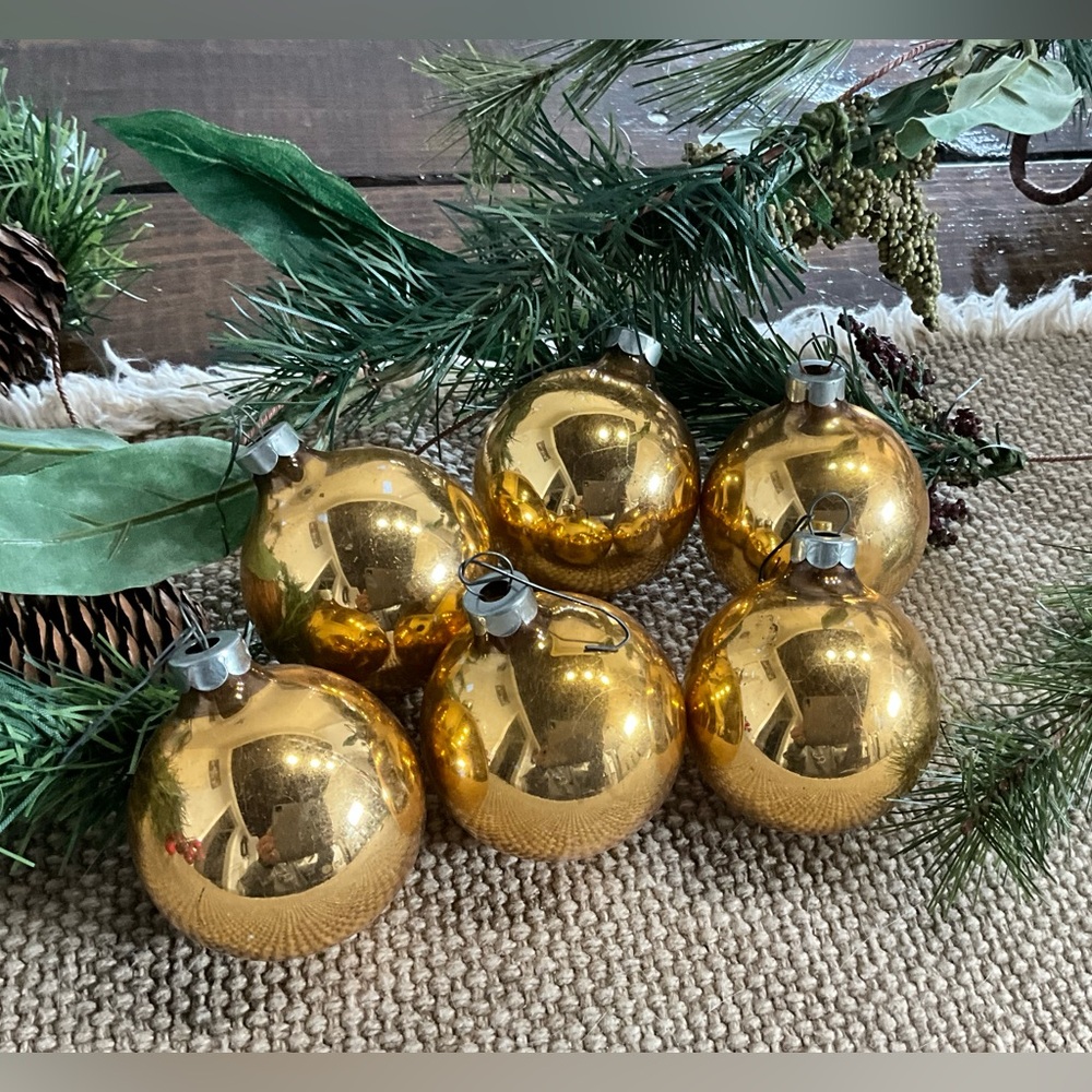 Vintage Lot of 6 Small Gold Glass Christmas Ornaments